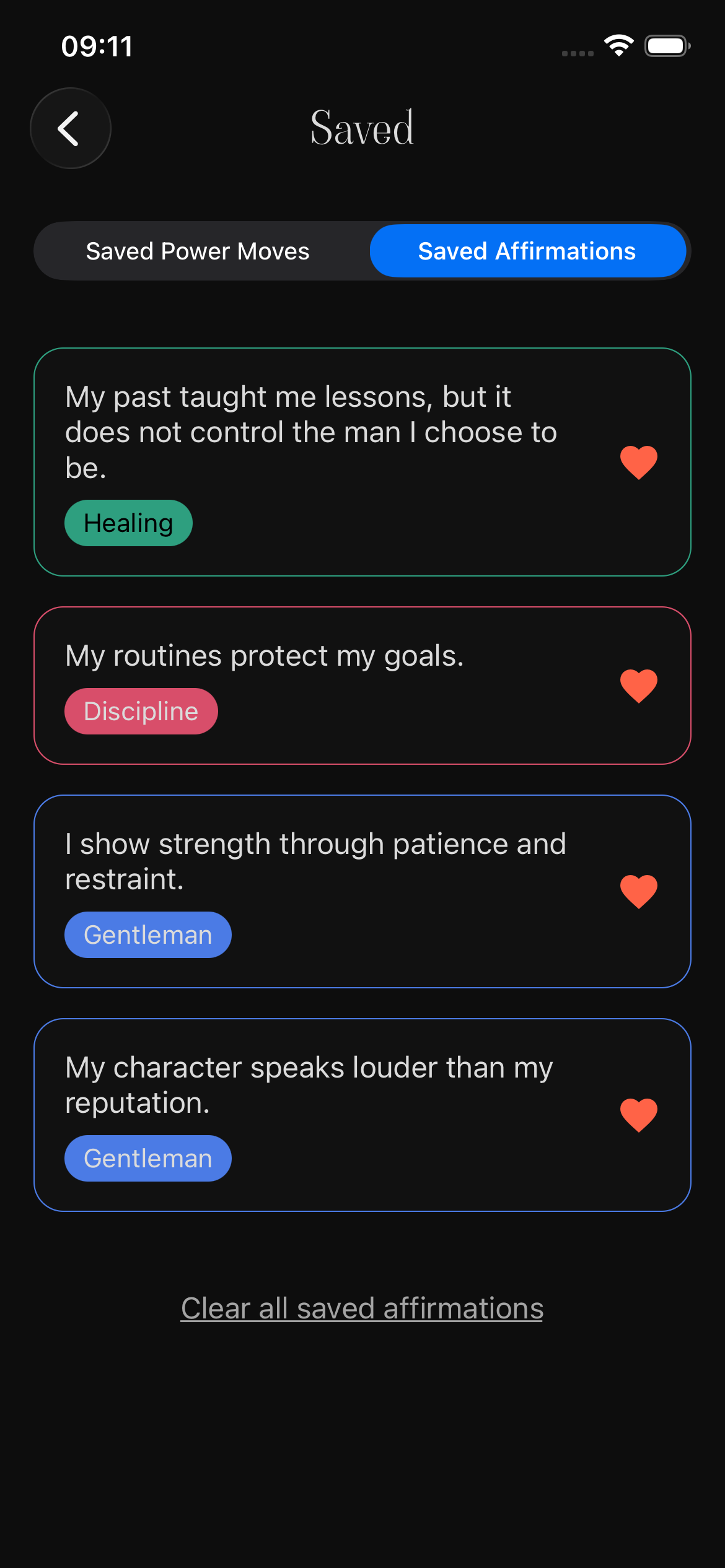 Saved affirmations screen